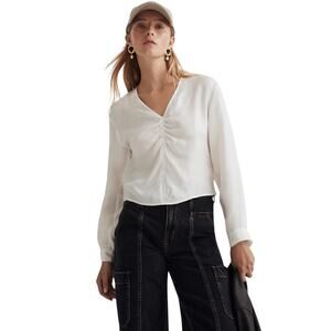 Madewell White Ruched V-Neck Long Sleeve Blouse Lighthouse Size 2 NWT